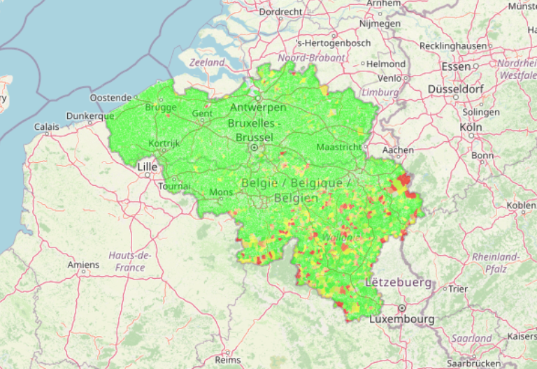 Een gestileerde dekkingskaart van 5G in België en Nederland