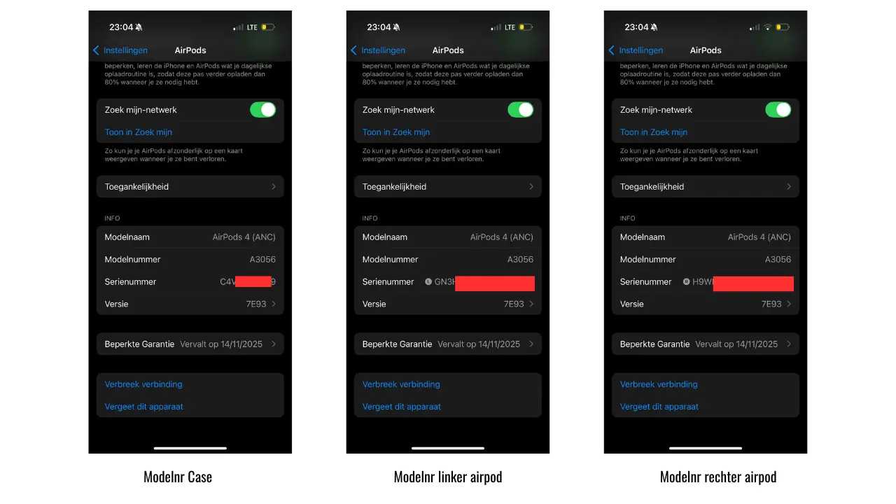 Screenshot van de iOS instellingen die de drie verschillende serienummers van AirPods toont