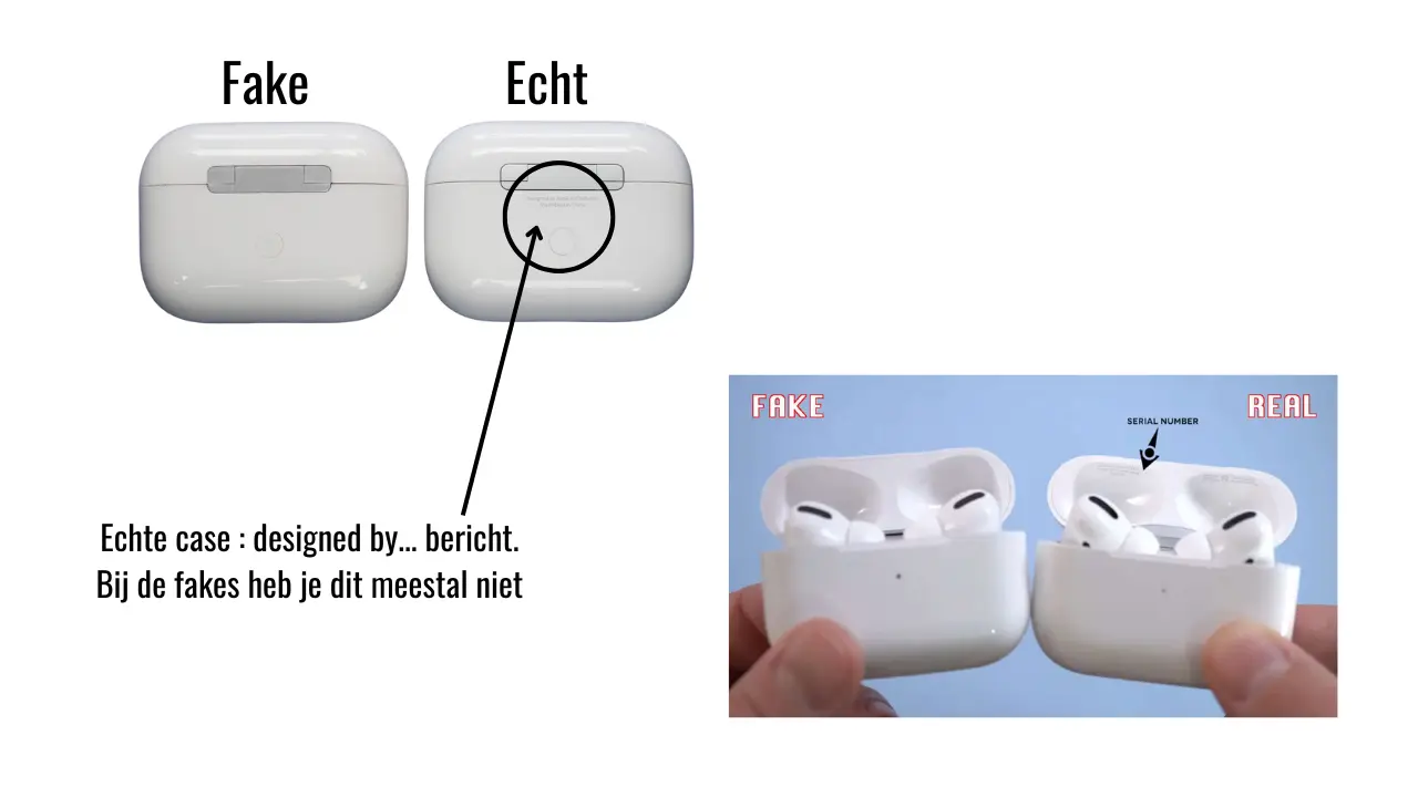 Een echte en een valse AirPods Pro oplaadcase naast elkaar