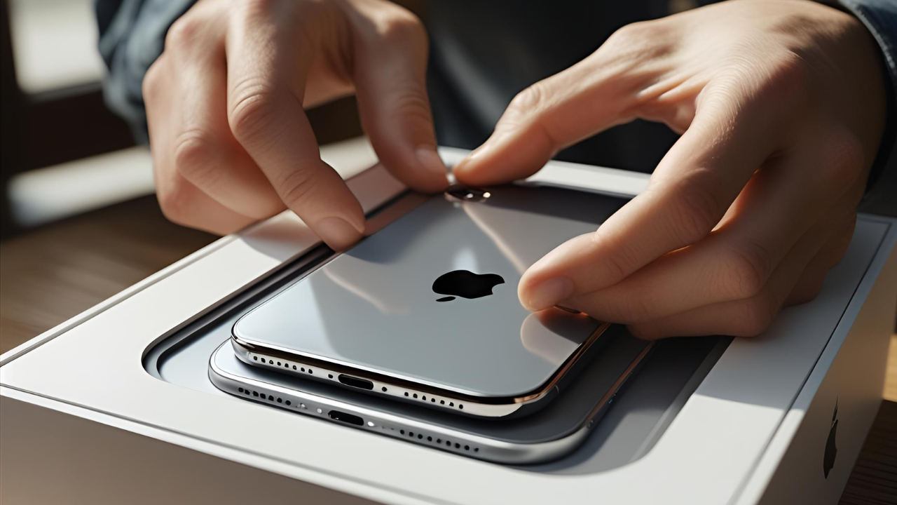 Close-up van de papieren pull-tabs op een authentieke iPhone doos